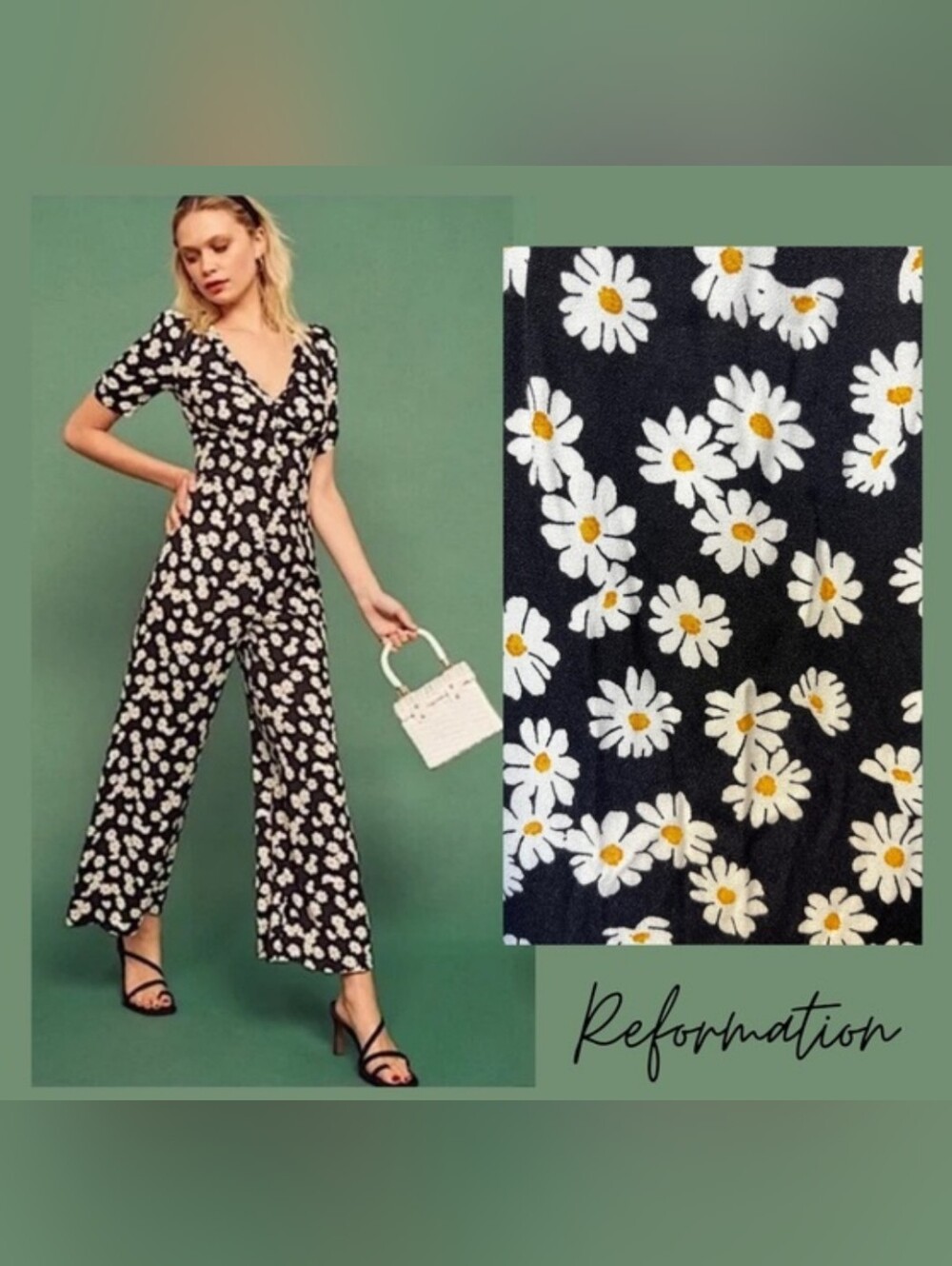 Reformation Marlena Jumpsuit Black Floral Print Size 6 Wide Leg Cottagecore